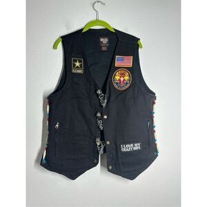 Rare Vance Biker Wear Black Embroidered Vest Sz M Lined Pockets Metal Trim Denim
